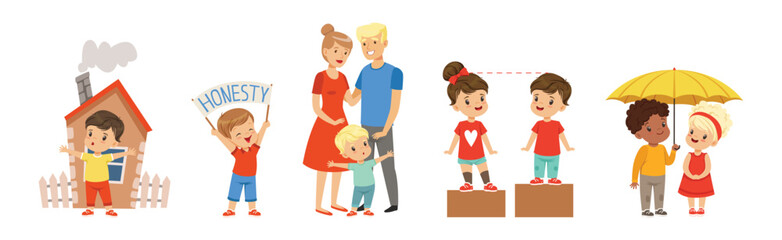 Kind and Fair Little Children with Honest Behavior Vector Set