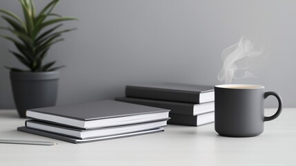 Fototapeta premium A professional reviewing financial goals in a stylish workspace, surrounded by folders and a steaming coffee mug.