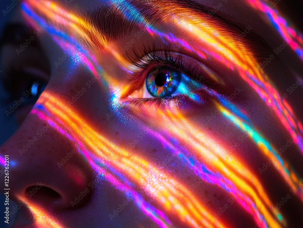 Poster a stylized image with a colorful rainbow light effect on a person's face, creating an artistic and v