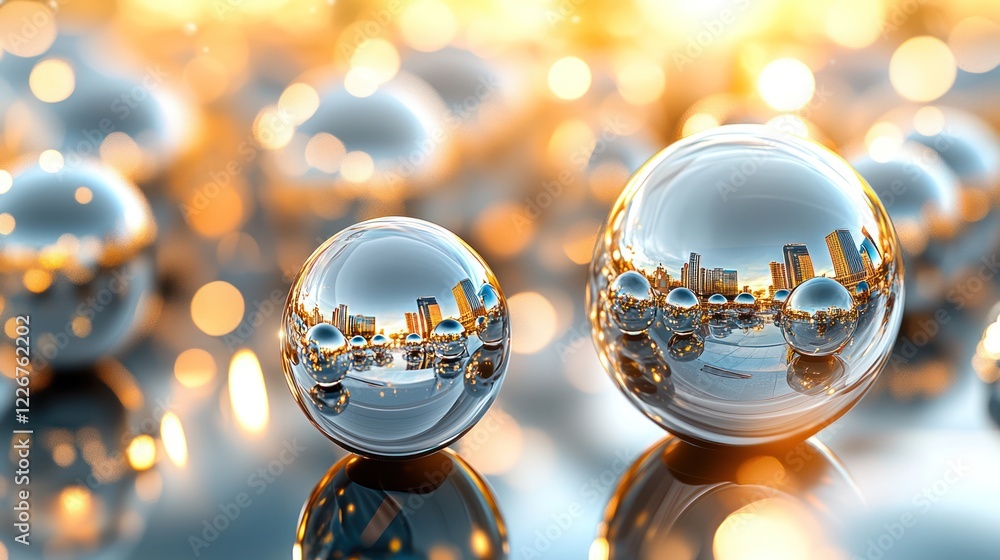 Poster shiny metallic spheres reflect a bright, blurred background, creating a captivating visual effect wi