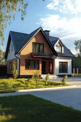 Beautiful modern brick house with landscaped yard bathed in sunlight during late afternoon showcasing contemporary architecture