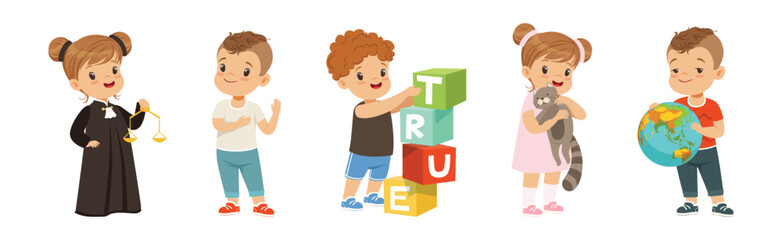 Kind and Fair Little Children with Honest Behavior Vector Set