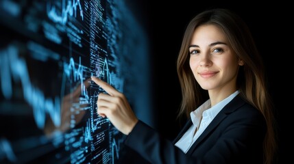 Young caucasian female analyzing data on interactive screen