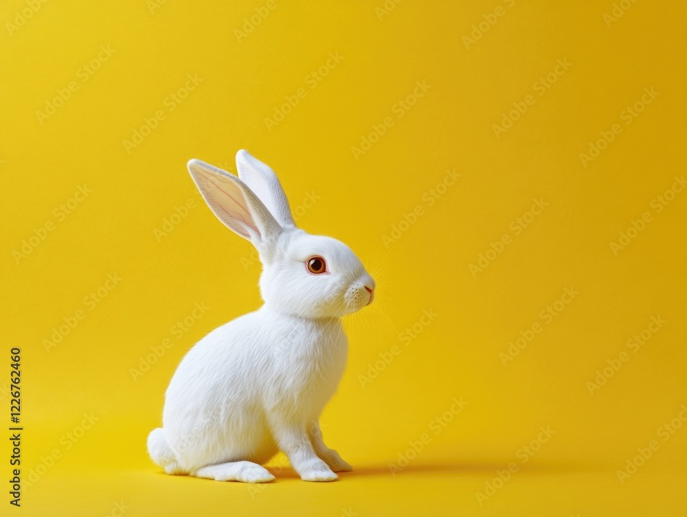 Poster a white rabbit is sitting on a yellow background. the rabbit is looking at the camera with its ears 