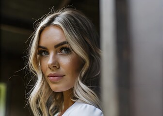 Fototapeta premium A blonde woman with flowing hair, radiating a soft and bright aura. Her delicate features are enhanced by a subtle glow, exuding charm and grace.