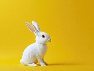 Obraz premium A white rabbit is sitting on a yellow background. The rabbit is looking at the camera with its ears up. The scene is peaceful and calm, with the rabbit being the main focus of the image