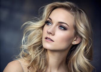 Fototapeta premium A blonde woman with flowing hair, radiating a soft and bright aura. Her delicate features are enhanced by a subtle glow, exuding charm and grace.