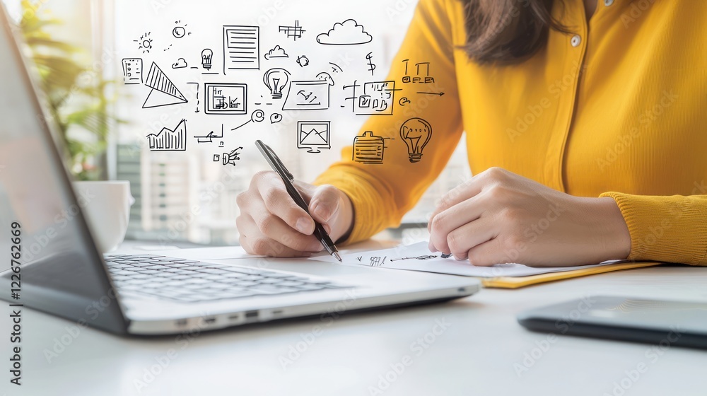 Aufkleber a person in a yellow sweater writes notes while using a laptop, with creative sketches floating abov