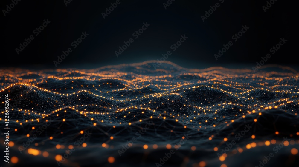 Poster abstract digital landscape with glowing orange nodes in a network grid