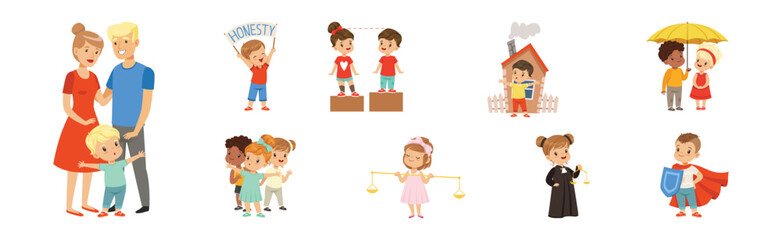Kind and Fair Little Children with Honest Behavior Vector Set