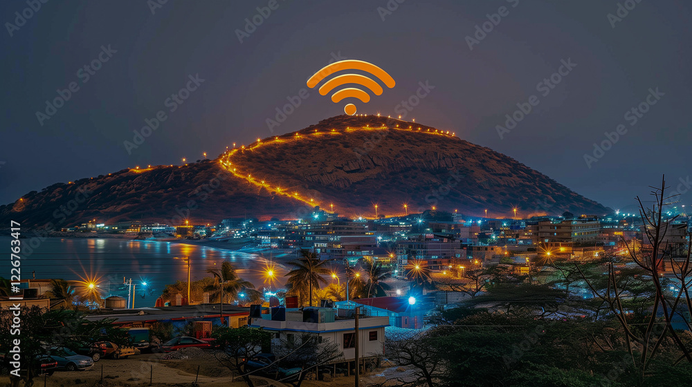 Poster mountain with illuminated trail and wi-fi symbol above..