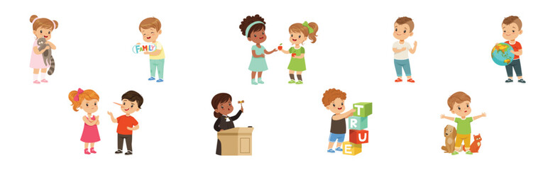 Kind and Fair Little Children with Honest Behavior Vector Set