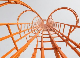 Orange roller coaster tracks against a white background, amusement park, track, fun