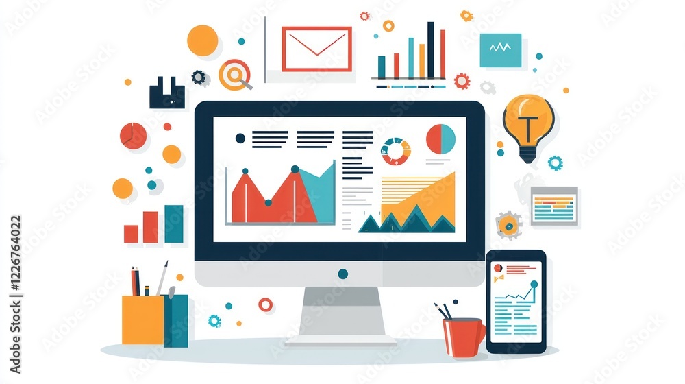 Poster a modern workspace illustration showcasing data analytics with graphs, charts, and digital devices, 