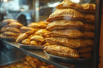 Golden empanadas stacked in glass case