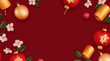 Festive chinese new year border with red lanterns and gold decor on red background