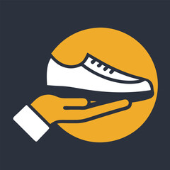 A simple, modern graphic of a hand holding a sneaker.