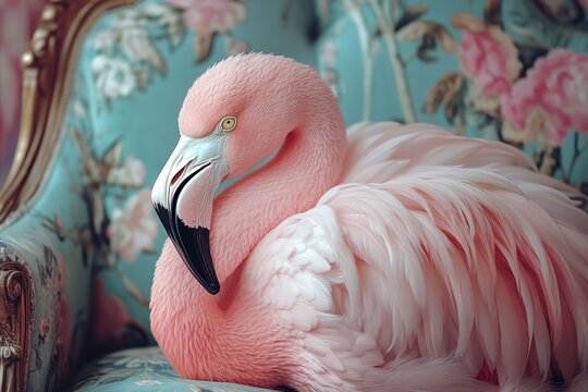 A graceful pink flamingo rests on an ornate, vintage chair with floral patterns, creating a striking and elegant scene.