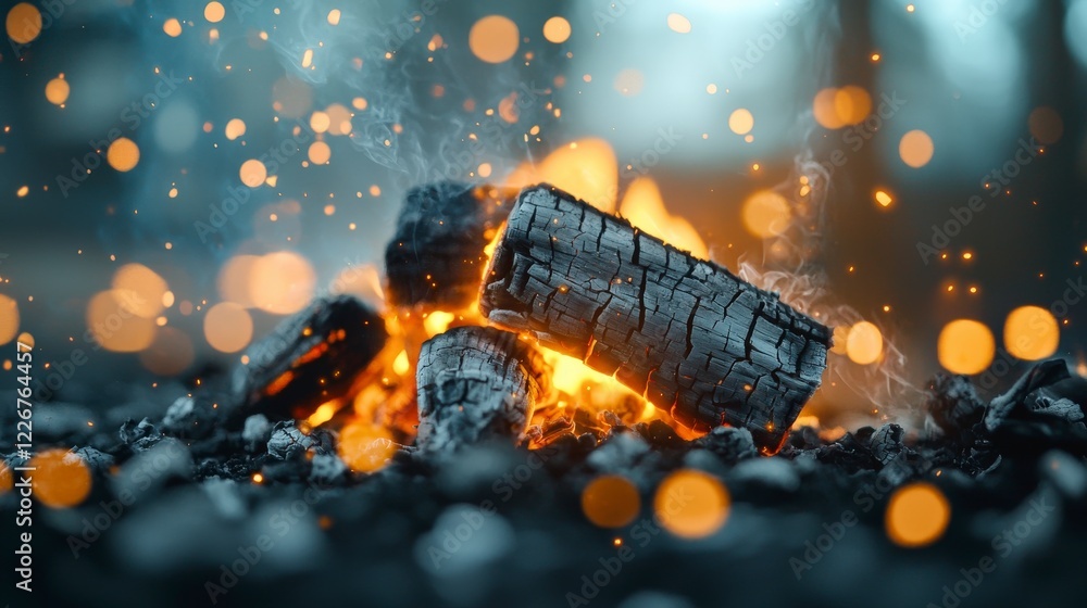 Poster glowing charcoal logs surrounded by sparks and bokeh lights in warm ambient setting