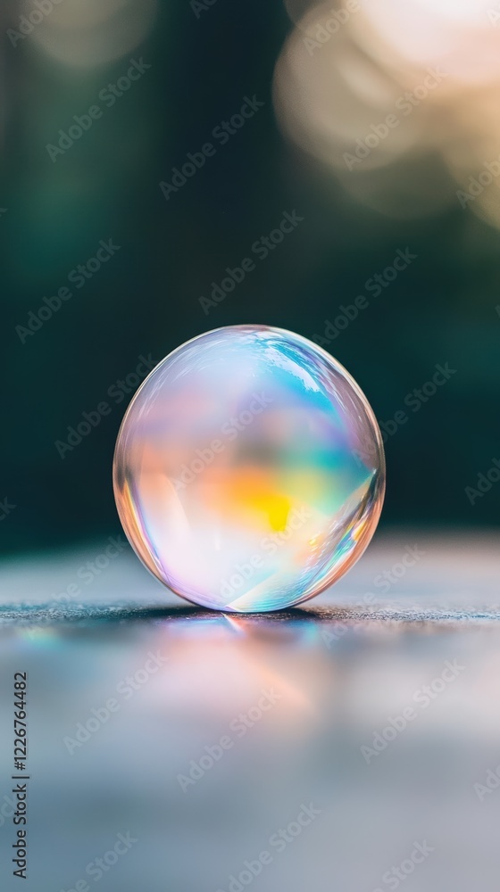 Aufkleber close-up of colorful soap bubble on smooth surface with blurred background