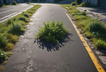 Overgrown vegetation around a potholed asphalt road, overgrown weeds, worn-out road