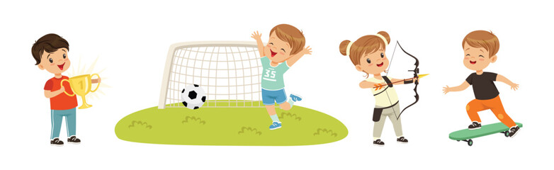 Fototapeta premium Happy Children Playing Sport and Doing Physical Activity Vector Set
