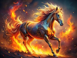 Fiery Horse Double Exposure AI Art, Digital Painting, Horse, Flame, Majestic, Fantasy,  Epic,  Wild,  Powerful,  Spirit,  Animal,  Nature,  Burning,  Blaze,  Heat,  Energy,  Imaginative,  Abstract,  D