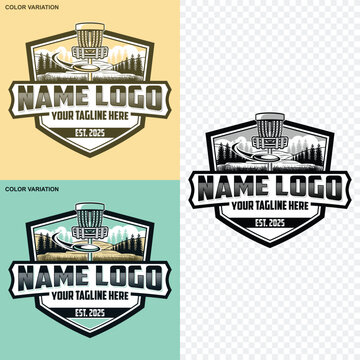 Disc golf logo design. Disc golf course logo. Disc Golf Sports Emblem Patch Logo Poster Label Vector Illustration