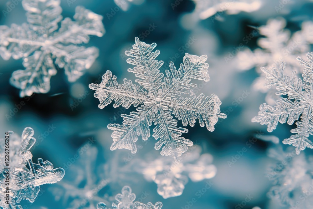 Poster a close up of a snowflake with a blue background. the snowflake is the main focus of the image, and 