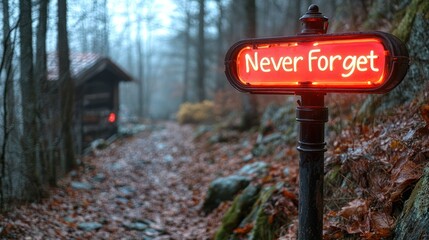 Forest path sign Never Forget, misty woods, remembrance