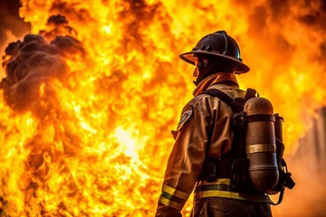 Naklejka premium Fiery Valor: Firefighter at Inferno - Bravery in Action