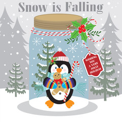 Christmas card with penguin and gingerbread man in the jar