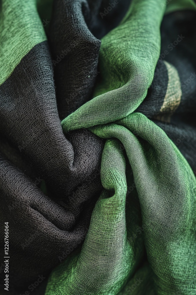 Poster a close-up view of a green and black scarf with intricate patterns