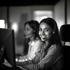 Smiling Call Center Representative Wearing Headset. Customer Service Support