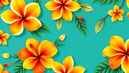Vibrant Yellow and Orange Hibiscus Flowers on Teal Background