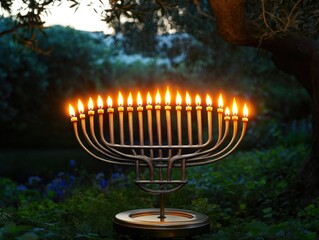 Fototapeta premium Traditional Jewish menorah lit up during the Hanukkah holiday. The golden candelabra glows with white, lit candles against a dim background.