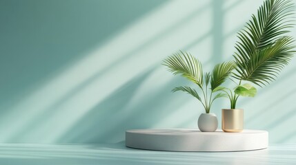 Obraz premium Bright Mint Green Background with Gentle Gradient Featuring Stylish Plant Pots