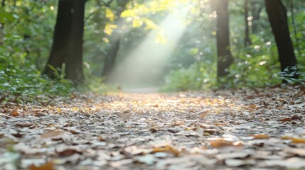 Quiet Peaceful Forest path covered in fallen leaves, soft sunlight filtering through the trees, quiet and contemplative mood