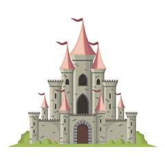 Obraz premium Medieval castle with pink rooftops and waving flags, surrounded by greenery, on a white background. Concept of fairy tales and fantasy. Vector illustration