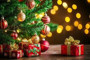 Christmas Tree and Gifts: A decorated Christmas tree with colorful ornaments, lights, and wrapped presents underneath, capturing holiday spirit.