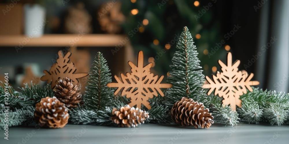 Poster a christmas tree with a snowflake ornament on it. the snowflakes are made of wood and are arranged i