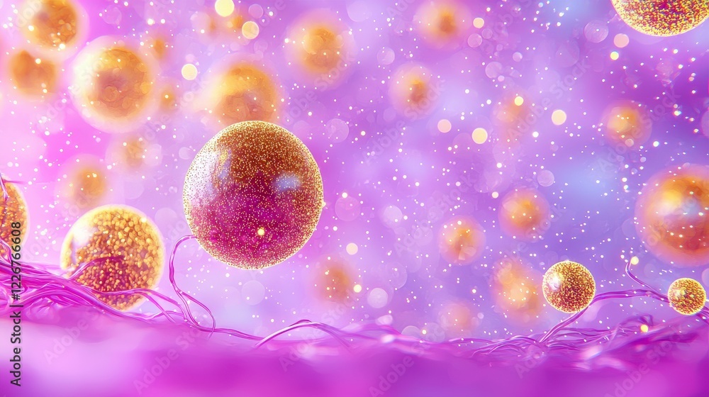 Poster abstract representation of colorful and shiny biological cells floating in a dreamy purple backgroun