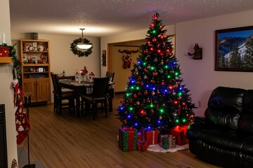 Christmas Tree and Gifts: A decorated Christmas tree with colorful ornaments, lights, and wrapped presents underneath, capturing holiday spirit.