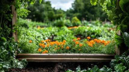 Marigolds bloom in vibrant garden; lush green background; idyllic farming scene; perfect for food blogs