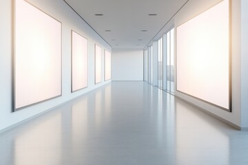 Obraz premium Bright, minimalistic gallery space showcasing empty frames, invi