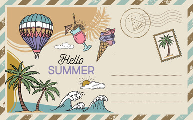 Obraz premium Postcard, mail, Hello summer, hand drawn. 