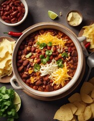 Hearty bowl of chili with a generous helping of beans and melted cheese , bowl, meal, inviting