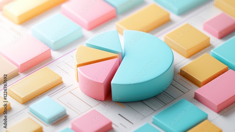 Poster a colorful pie chart surrounded by pastel-colored blocks, representing data visualization and analys