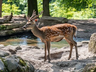 Spotted Deer in Forest Stroll near a Small Pond on a Sunny Day with Bright Light