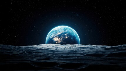 earth orbit Earth viewed from the moon, craters and lunar surface in the foreground, showcasing the earth position in space